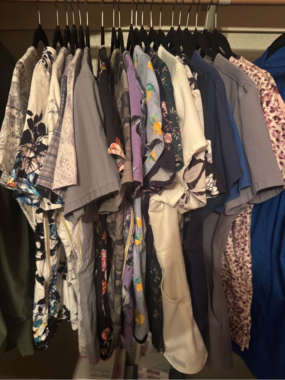 Jaanuu Mixed Floral & Solid Scrub Tops in Blue, Gray, Purple, White